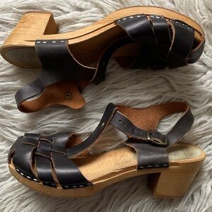 Nina Z Swedish Black Wooden Heel Leather Woven T-Strap Chunky Clog Sandals Sz 39